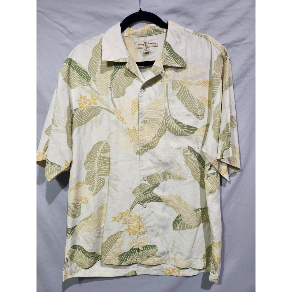 Tommy Bahama 100% Silk Aloha Hawaiian Shirt‎ Tropical Leaf Floral Print Medium